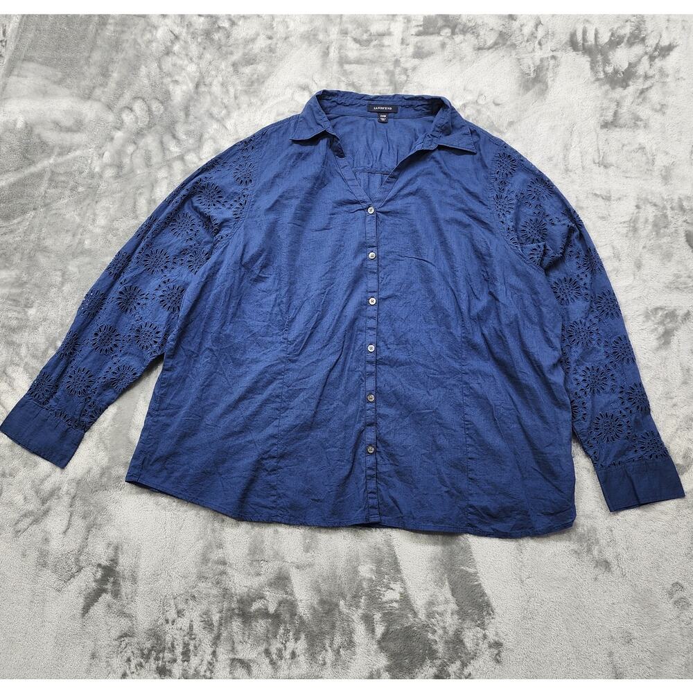 Lands End Top Womens 24W Blue Embroidered Cutout Lace Long‎ Sleeves Button Front